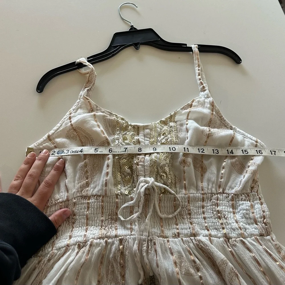 Me 2 Magic Anthropologie Boho Maxi Dress Ivory Gold Metallic Sequin Tie XL - Picture 4 of 7